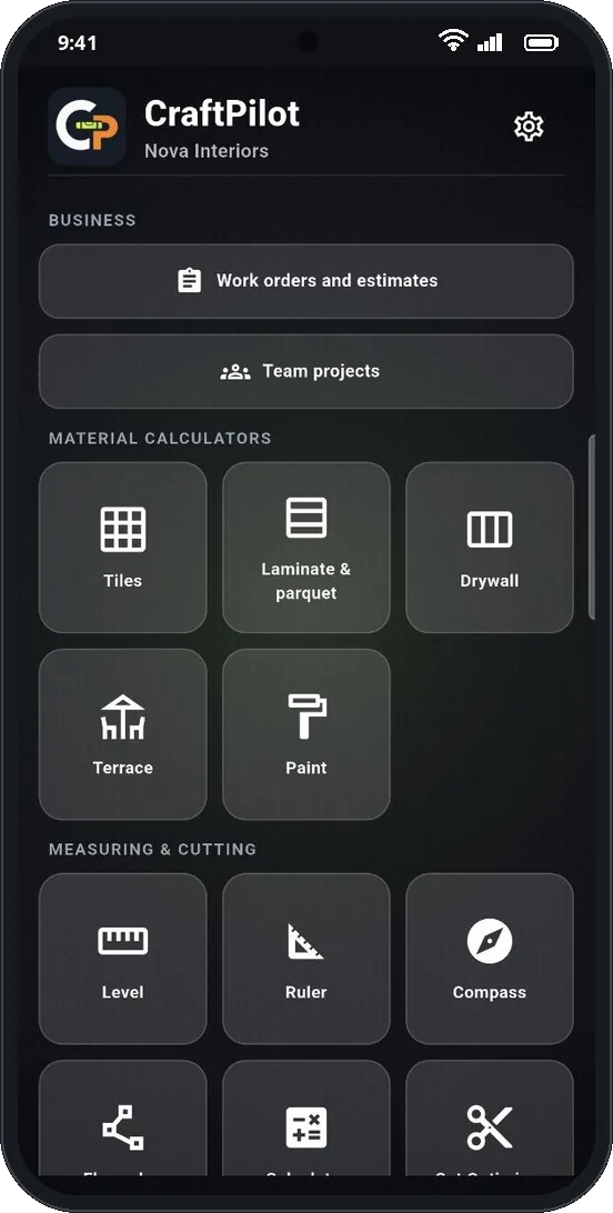 CraftPilot's home screen with work orders, team projects, material calculators and measuring tools