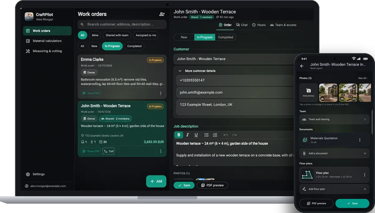CraftPilot on a laptop and a phone: the work orders and an open job in the browser, and the same job on the phone