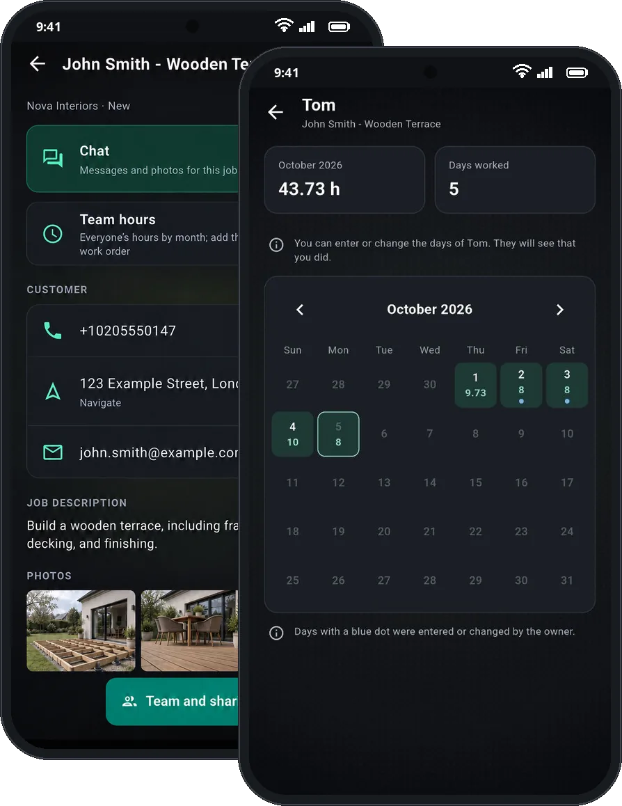 A shared work order with its chat and team hours, next to a worker's calendar of days worked