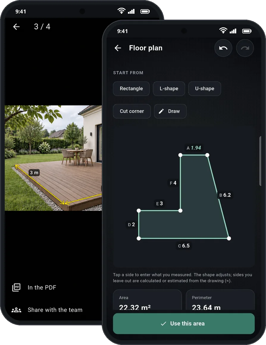 A photo of a terrace with measurements drawn on it, next to a floor plan with its area and perimeter