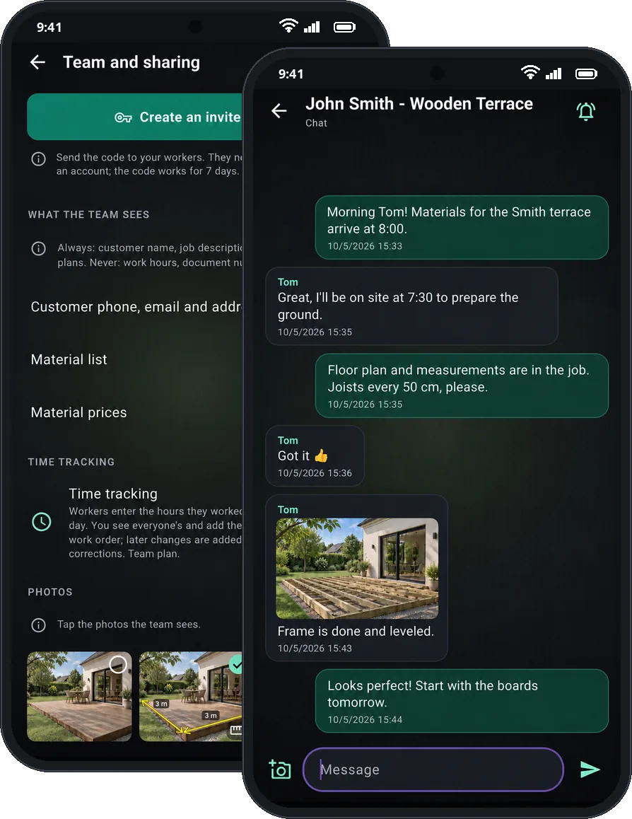 What the team sees in a shared work order, next to its chat with photos from the site