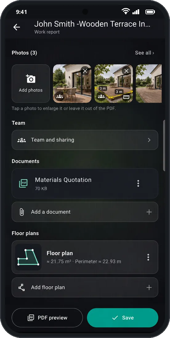 A work order with photos, the team, a document and the floor plan